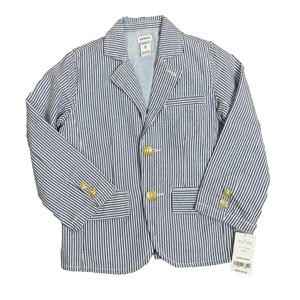 Carter's Little Boys 5 Seersucker Blazer Blue White Pinstripe Wedding Old Money